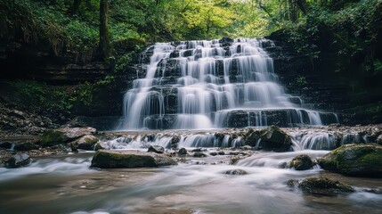 A scenic waterfall cascading down rocks surrounded by lush green trees in a tranquil forest setting