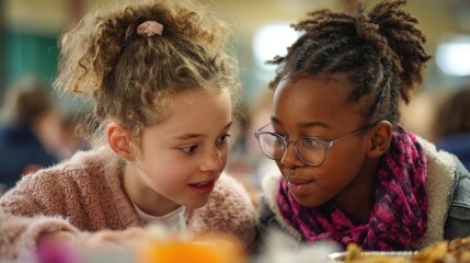 Two young girls engaged in conversation. One girl has curly blond hair and the other has braided dark hair. They are in a lively indoor setting.