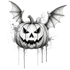 Spooky halloween jack o lantern with bat wings dripping paint isolated on transparent background