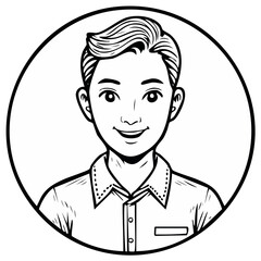 Smiling Boy's Portrait Illustration in Circular Frame, Black and White Comic Style, Boy's Fashion, Simple Character Drawing