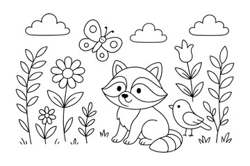 Cute coloring page of a raccoon with a bird, butterfly, flowers, and clouds. Simple black and white illustration perfect for kids’ coloring books and creative activities. © Aldo