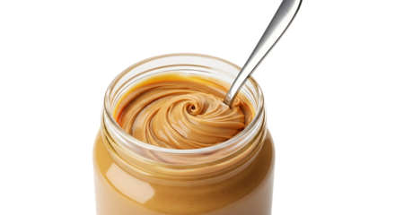 Creamy peanut butter in a jar with a spoon isolated on transparent background