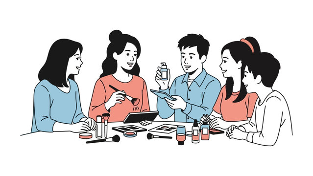Diverse group of young adults gathered around a table enthusiastically discussing and demonstrating makeup products sharing beauty tips and techniques