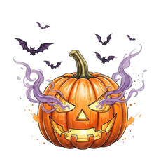 Spooky halloween jack o lantern with glowing eyes and purple smoke isolated on transparent background