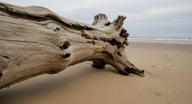 Weathered driftwood on sandy beach against a cloudy sky