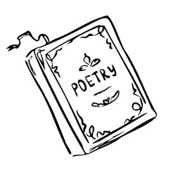 Antique book with poetry title on cover. Vector illustration in quickly sketch line art style. Book lover. Perfect for literature projects, romantic stationery, vintage designs, posters, decor, prints