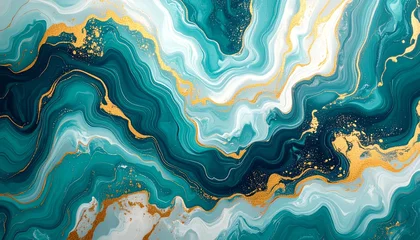 Acrylglasbilder Kristalle Abstract Teal and Gold Marble Texture: Swirling Fluid Art Background  © Sahrul