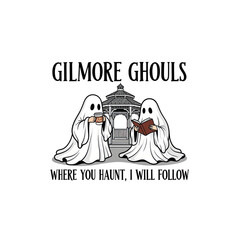Two cute cartoon ghosts holding a heart in front of a haunted house isolated on transparent background