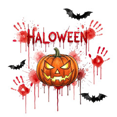 Scary jack o lantern pumpkin with bloody handprints and dripping blood isolated on transparent background