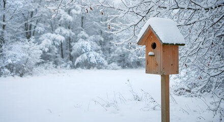 Naklejka premium Snowy birdhouse in winter forest