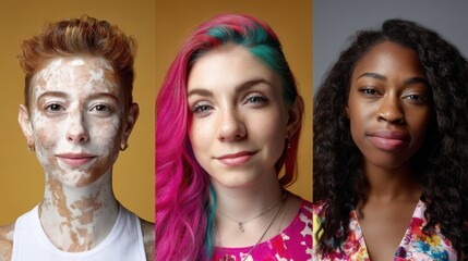 Obraz premium Inclusive beauty campaign featuring people with vitiligo, freckles, and bright dyed hair, celebrating individuality. 