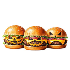 Three spooky halloween themed cheeseburgers with carved pumpkin faces isolated on transparent background