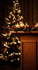 A lit candle on a wooden table in front of a Christmas tree