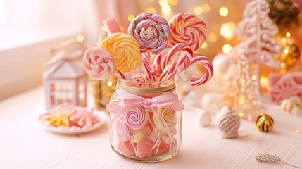 Fototapeta premium Colorful Candy Lollipops in Glass Jar with Pink Ribbon in Festive Holiday Decor