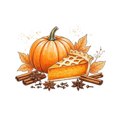 Delicious slice of pumpkin pie with whole pumpkin and autumn leaves isolated on transparent background