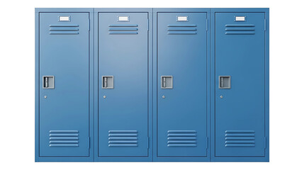 Blue metal school lockers storage units for gym hallway or locker room equipment and furniture organization on transparent background