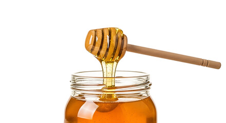 Golden honey dripping from a dipper into a glass jar isolated on transparent background