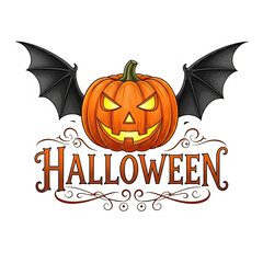 Spooky halloween pumpkin with bat wings and ornate lettering isolated on transparent background