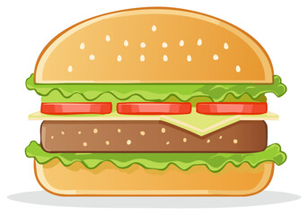 Stylized Burger with Lettuce, Tomato, Cheese, and Patty Illustration