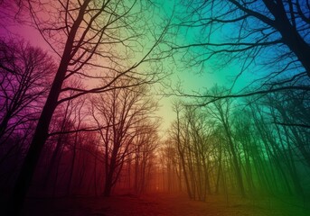 Fototapeta premium Enchanting rainbow forest path with bare trees and moody hues