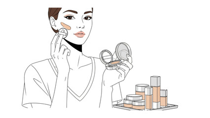 Young person applying makeup with foundation and blush while looking in a compact mirror surrounded by beauty products
