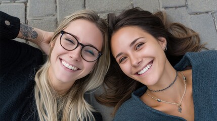 Overhead shot of joyful sisters, one wearing glasses, the other with a tattoo, lying on footpath 