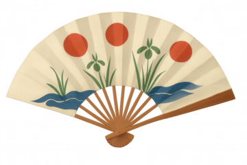 Elegant japanese fan decorated with red suns and water plants, isolated on transparent background, perfect for asian-themed projects