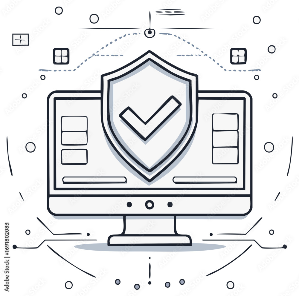 Poster computer security concept featuring shield with check mark in doodle style