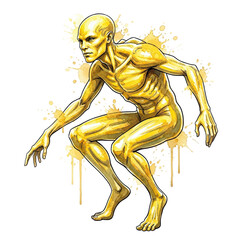 Golden skeletal figure with expressive pose and yellow paint splatters isolated on transparent background