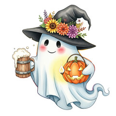 Cute watercolor ghost wearing a witch hat with flowers holding a pumpkin and a beer isolated on transparent background