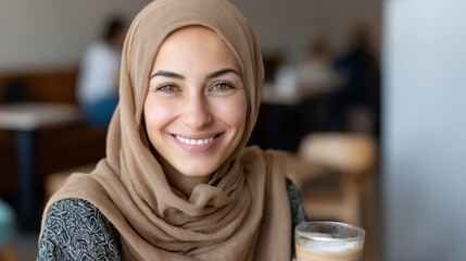 Portrait of a Muslim woman in a hijab enjoying coffee at a cafe.