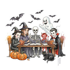 Vintage halloween characters gathered around a table with pumpkins and bats on a transparent background isolated on transparent background