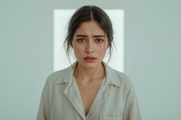 Woman with tears looking distressed in a minimalistic indoor setting