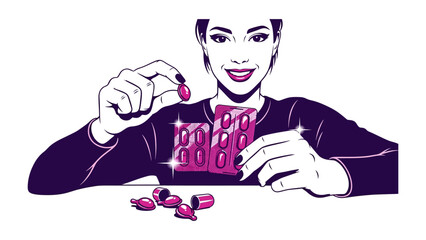 Stylish woman with dark hair and bright red lipstick holding a small red gem with a playful smile and sparkling jewelry on her chest