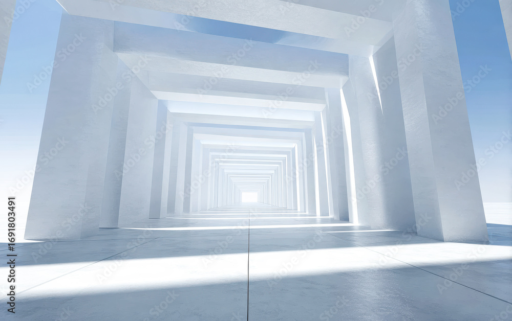 Aufkleber a long white corridor with multiple rectangular structures and bright light