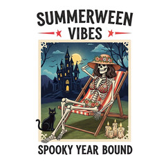 Skeleton relaxing in a beach chair with a hat and spooky summer vibes isolated on transparent background