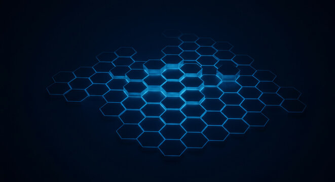 Futuristic glowing blue hexagon grid pattern creating dynamic digital network and innovation background