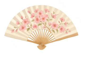 Traditional japanese fan decorated with pink cherry blossoms, isolated on transparent background, perfect for asian cultural themes