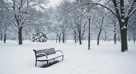 Snowy park bench winter scene