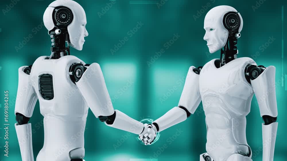 Poster 3d rendering hominoid robot handshake to collaborate future technology development by ai thinking br