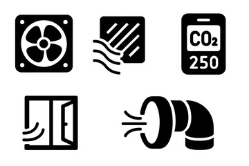 Air quality control solid icon set. HVAC ventilation system symbols. Fan, air filter, CO2 monitor, open window, duct pipe. Fresh air and pollution concept vector icons.