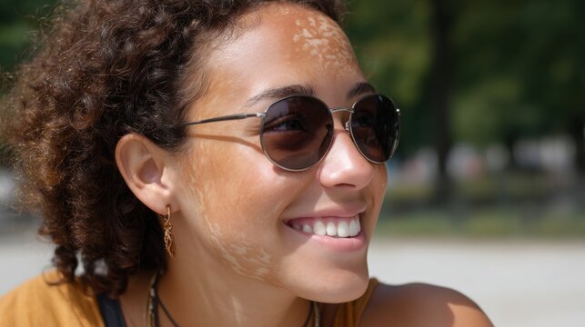 Smiling young woman with vitiligo wearing sunglasses in the park.