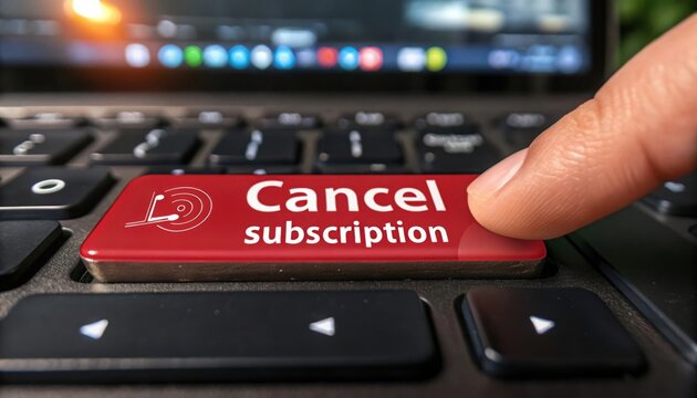 Finger pressing cancel subscription button on keyboard of laptop computer