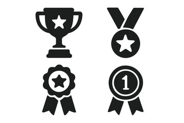 Award icons set, trophy, medal, and first place ribbon symbols. Glyph vector illustration for winner, achievement, and success concepts. Champion prize and victory celebration.