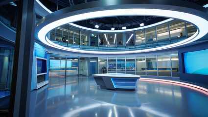 Obraz premium Futuristic Modern Broadcast News Studio with Large Circular Observation Deck and Sleek Desk Setup