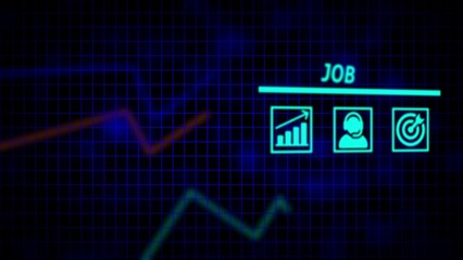 Neon blue grid with glowing job icons and abstract line graphs background business