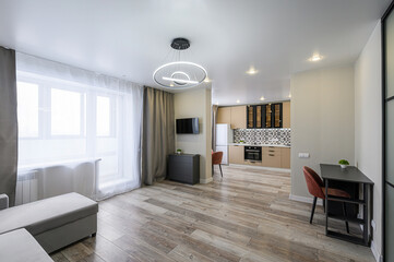 modern apartment interior with an open-plan kitchen, living room, wood floors, gray furniture, & natural light