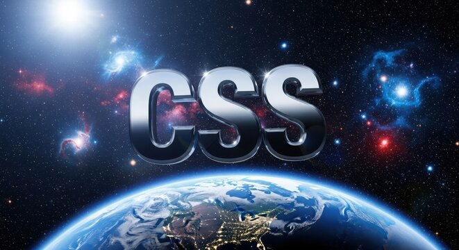 Futuristic css logo with earth and stars cosmic background