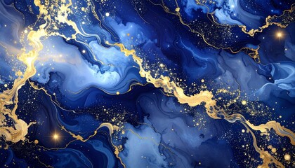 Abstract blue and gold marble texture with glittering veins resembling a cosmic galaxy.