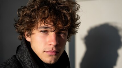 Stylish young man with curly hair, looking directly at the camera, with shadows creating a mysterious atmosphere.